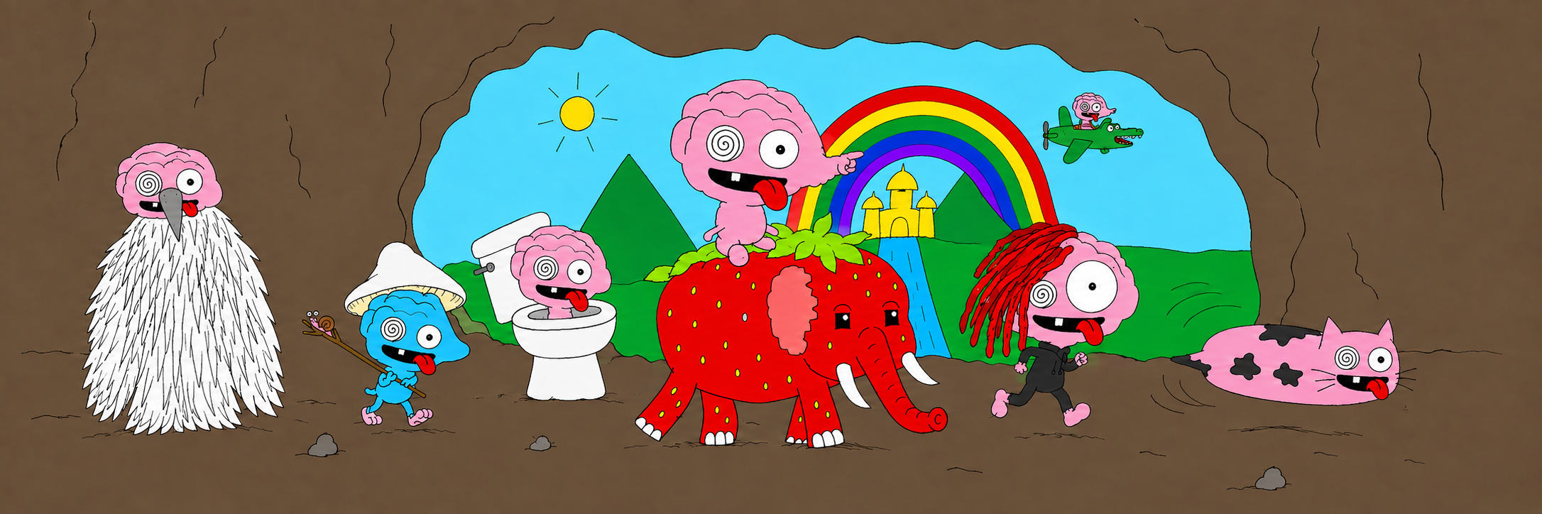 rot, a badly drawn pink brain creature, on a wide hand-drawn banner